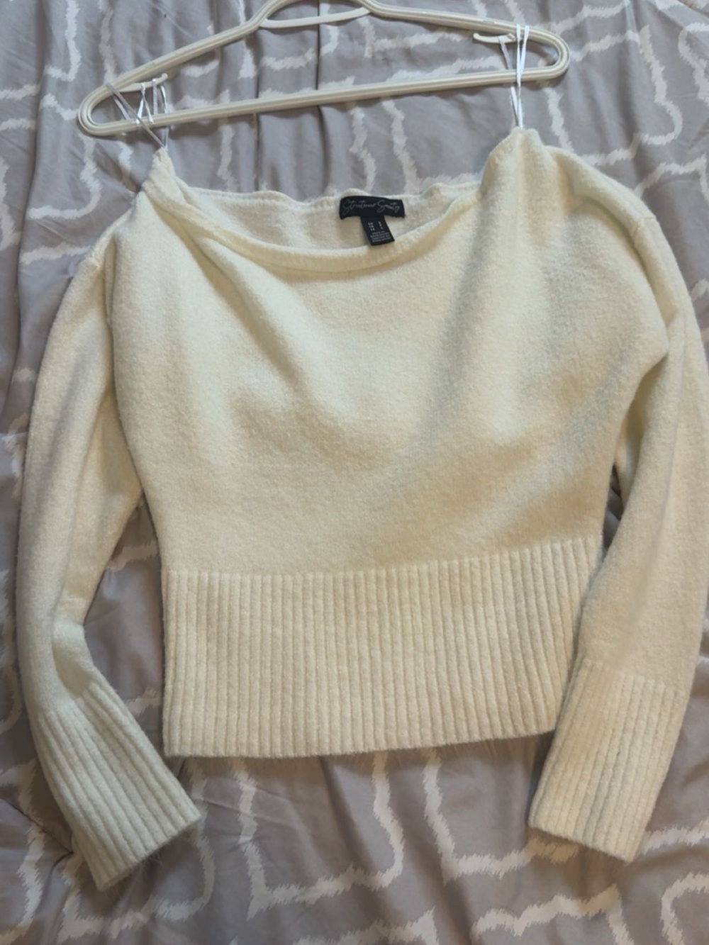 Streetwear Society Cream Off-Shoulder Ribbed Hem Sweater